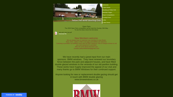 Screenshot of the Pelton Fell War Memorial Park Bowling Club website