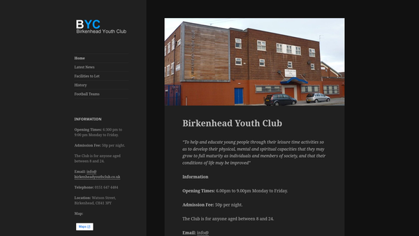 Screenshot of the Birkenhead Youth Club website