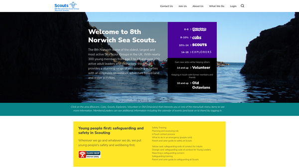 Screenshot of the 8th Norwich (Norwich School) Sea Scout Group website