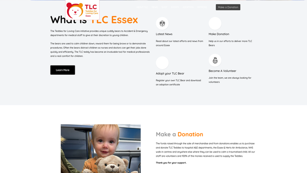 Screenshot of the Teddies for Loving Care Essex (TLC Essex) website