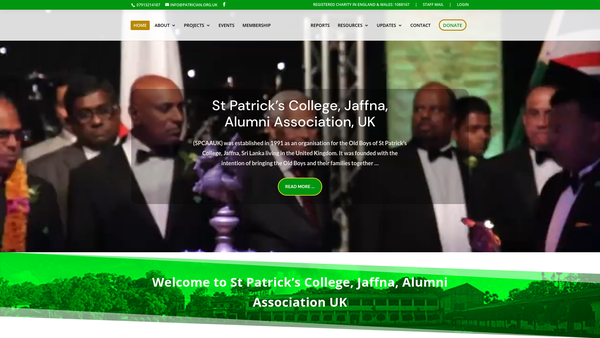 Screenshot of the St Patrick's College Jaffna Alumni Association UK website