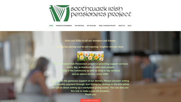 Screenshot of the Southwark Irish Pensioners Project website