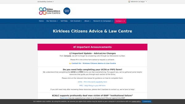 Screenshot of the Kirklees Citizens Advice And Law Centre website
