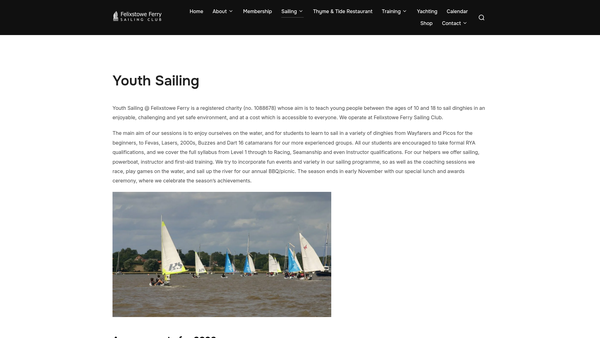 Screenshot of the Youth Sailing at Felixstowe Ferry website