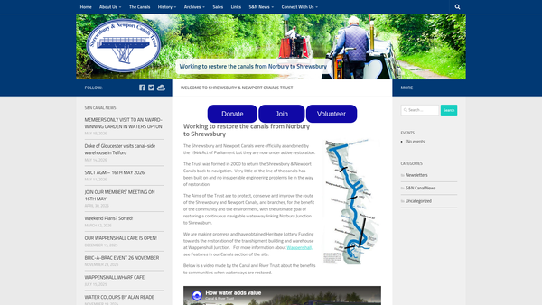 Screenshot of the The Shrewsbury & Newport Canals Trust website