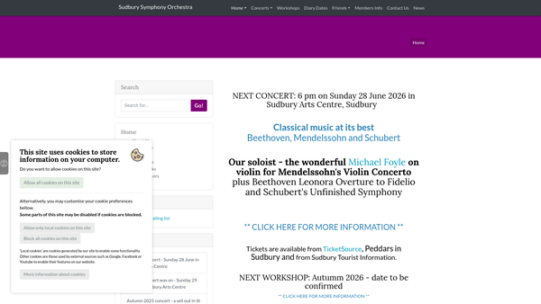 Screenshot of the Sudbury Symphony Orchestra website