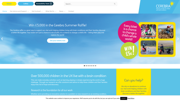 Screenshot of the Cerebra - For Brain Injured Children And Young People website