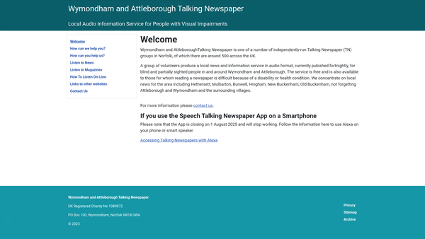 Screenshot of the Wymondham And Attleborough Talking Newspaper website