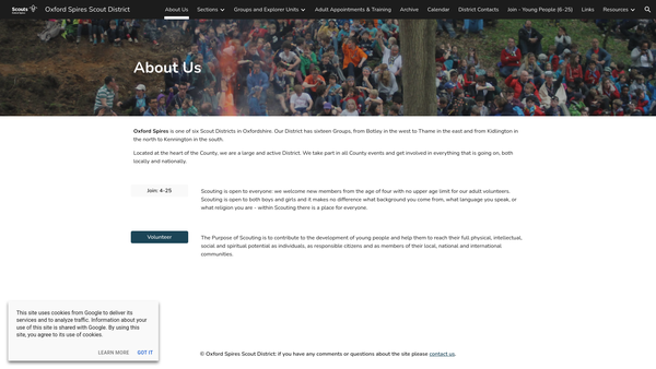 Screenshot of the Oxford Spires Scout District website