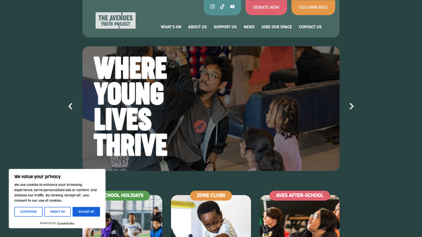 Screenshot of the The Avenues Youth Project website