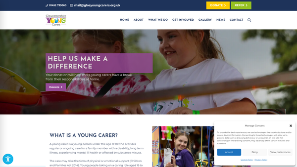 Screenshot of the Gloucestershire Young Carers Project website
