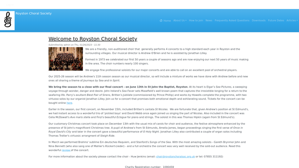 Screenshot of the Royston Choral Society website