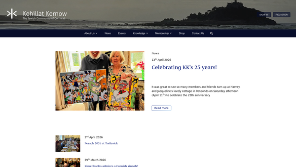 Screenshot of the Kehillat Kernow (The Jewish Community Of Cornwall) website