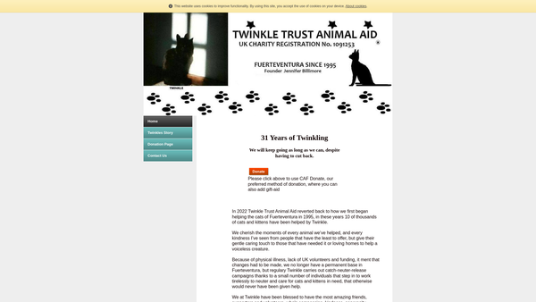 Screenshot of the Twinkle Trust Animal Aid website