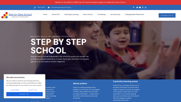 Screenshot of the Step By Step School Limited website