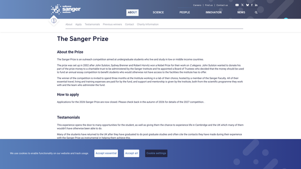 Screenshot of the The Sanger Centre Prize Fund website