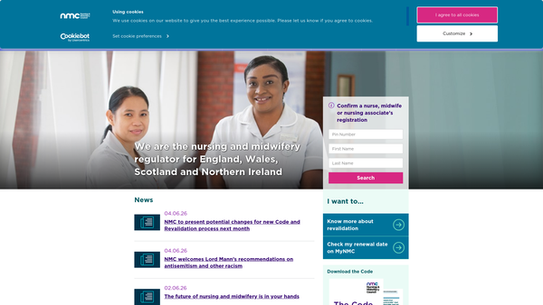 Screenshot of the Nursing And Midwifery Council website
