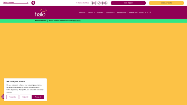 Screenshot of the Halo Leisure Services Limited website