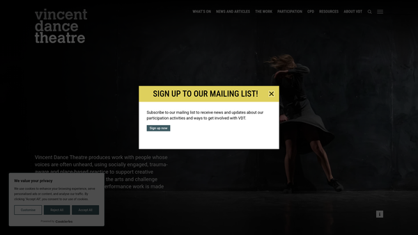 Screenshot of the Vincent Dance Theatre website
