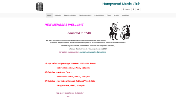 Screenshot of the Hampstead Music Club website