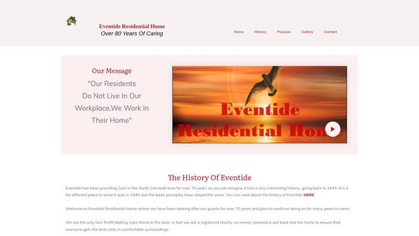 Screenshot of the Eventide Residential Home Limited website