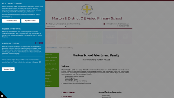 Screenshot of the Marton And District CE Primary School Parent Teacher Association website