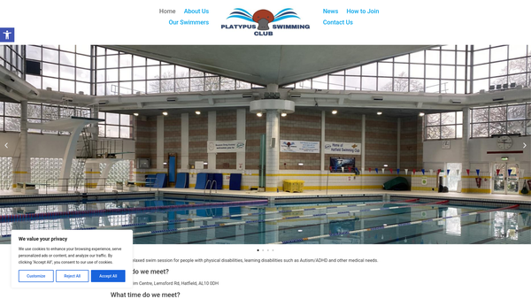 Screenshot of the Platypus Swimming Club For The Handicapped website