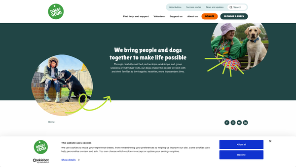Screenshot of the Dogs For Good website
