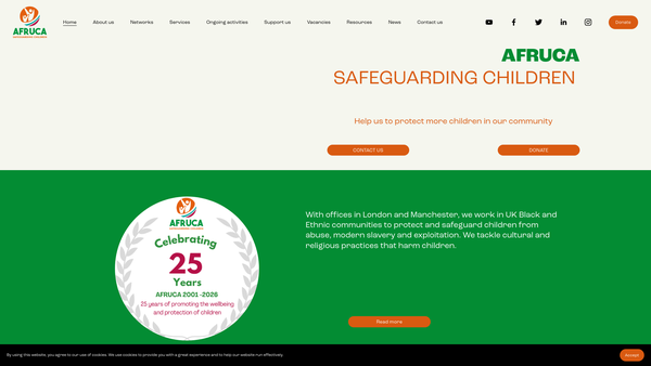 Screenshot of the AFRUCA - Safeguarding Children website