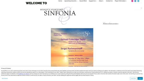 Screenshot of the Bishop's Stortford Sinfonia Ltd website