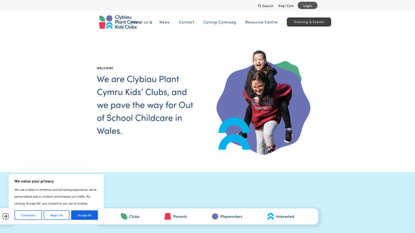 Screenshot of the Clybiau Plant Cymru Kids Clubs website