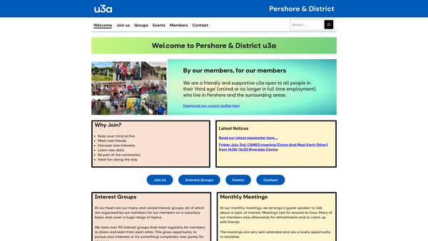 Screenshot of the The Pershore And District U3A website