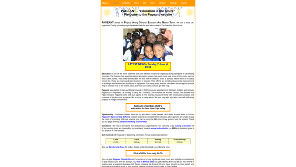 Screenshot of the Projects Aiding Gambian Education & Natural Talent (Pageant) website