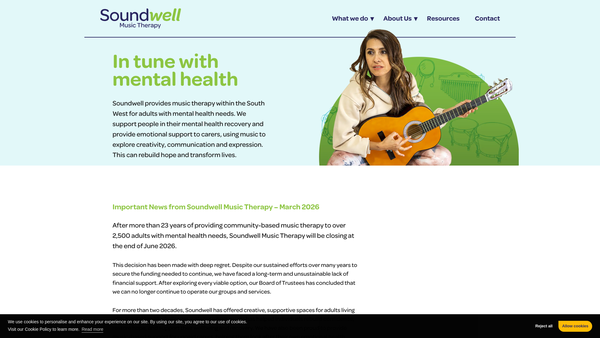Screenshot of the Soundwell Music Therapy Trust website