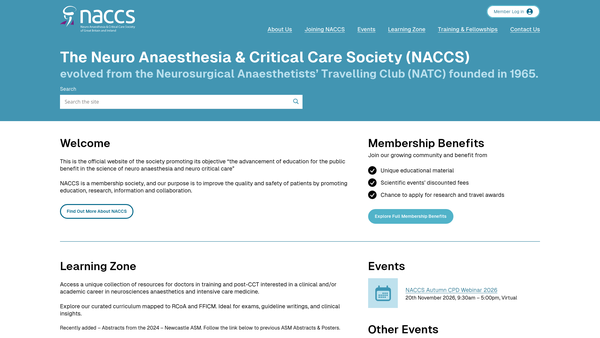Screenshot of the The Neuroanaesthesia & Critical Care Society website
