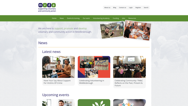 Screenshot of the Middlesbrough Voluntary Development Agency website