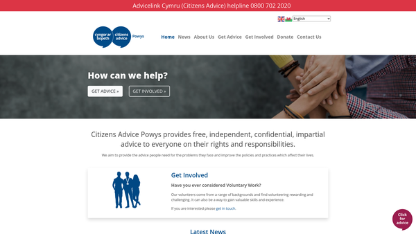Screenshot of the Cyngor Ar Bopeth Powys Citizens Advice Bureau website