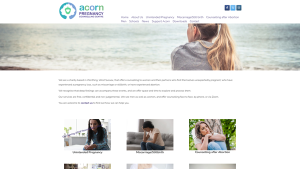Screenshot of the Acorn Pregnancy Counselling Centre Limited website