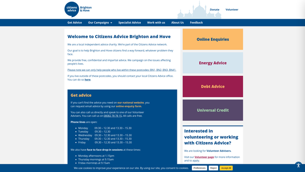 Screenshot of the Brighton And Hove Citizens Advice Bureau website