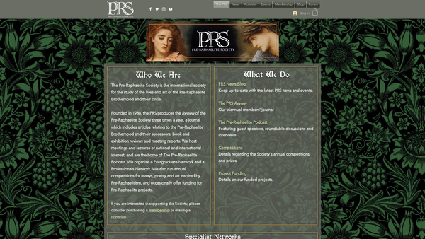 Screenshot of the The Pre-Raphaelite Society website