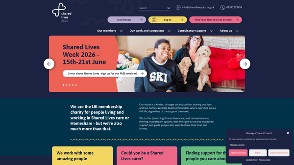 Screenshot of the Shared Lives Plus Limited website
