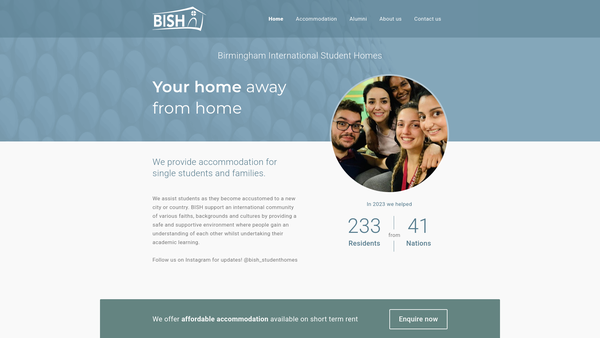 Screenshot of the Birmingham International Student Homes website