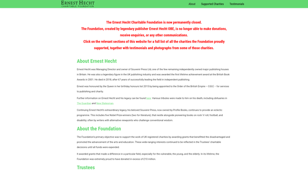 Screenshot of the Ernest Hecht Charitable Foundation website