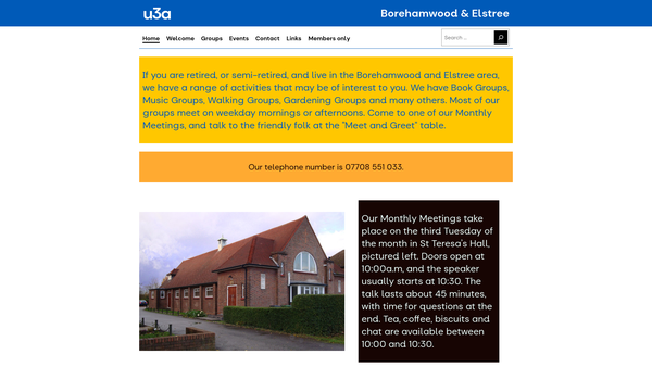 Screenshot of the Borehamwood And Elstree University Of The Third Age (U3A) website