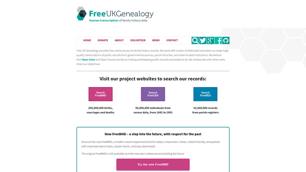 Screenshot of the Free UK Genealogy website