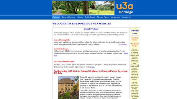 Screenshot of the Dorridge U3A website