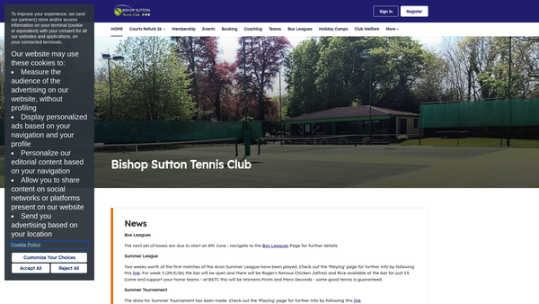 Screenshot of the Bishop Sutton Tennis Club website