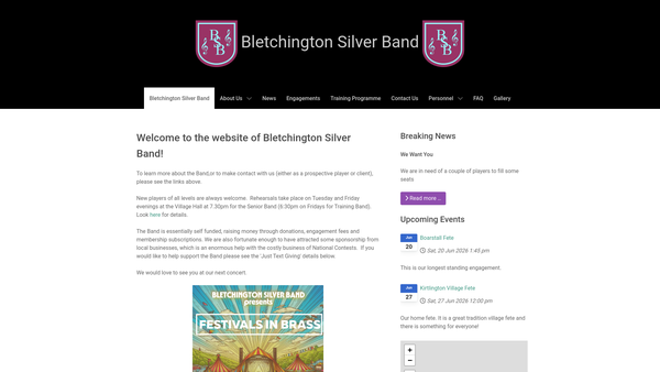 Screenshot of the Bletchington Silver Band website