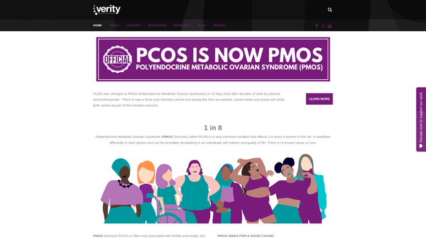 Screenshot of the Verity The Polycystic Ovaries Self Help Group website