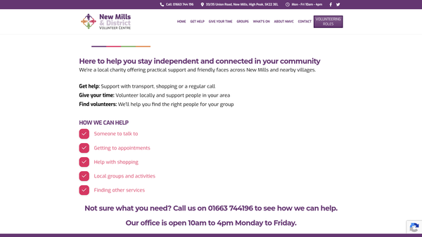 Screenshot of the New Mills And District Volunteer Centre website
